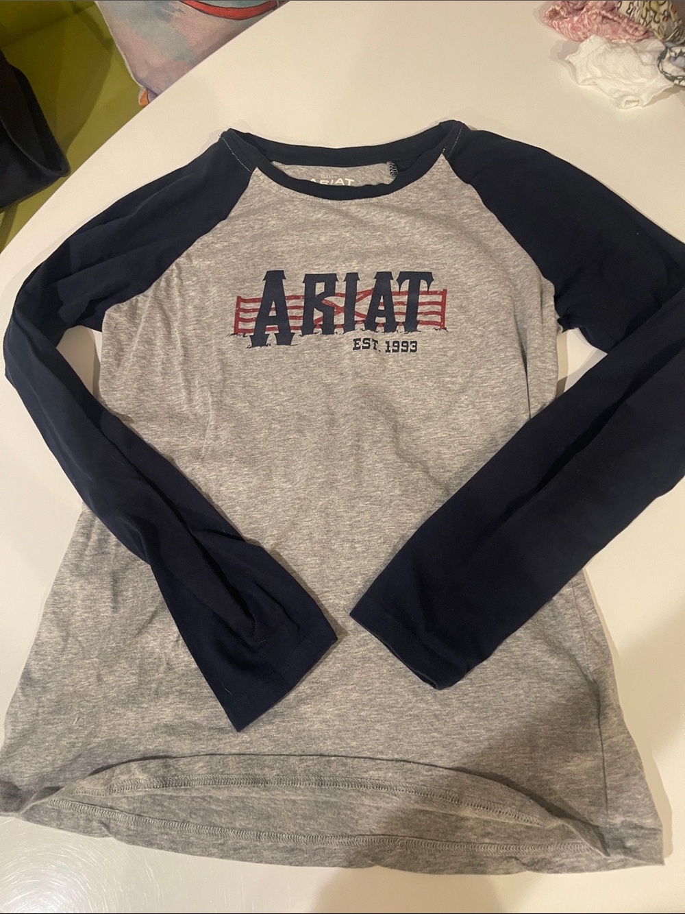 Ariat Heather Gray Tee with Navy Raglan Sleeves and Red Logo